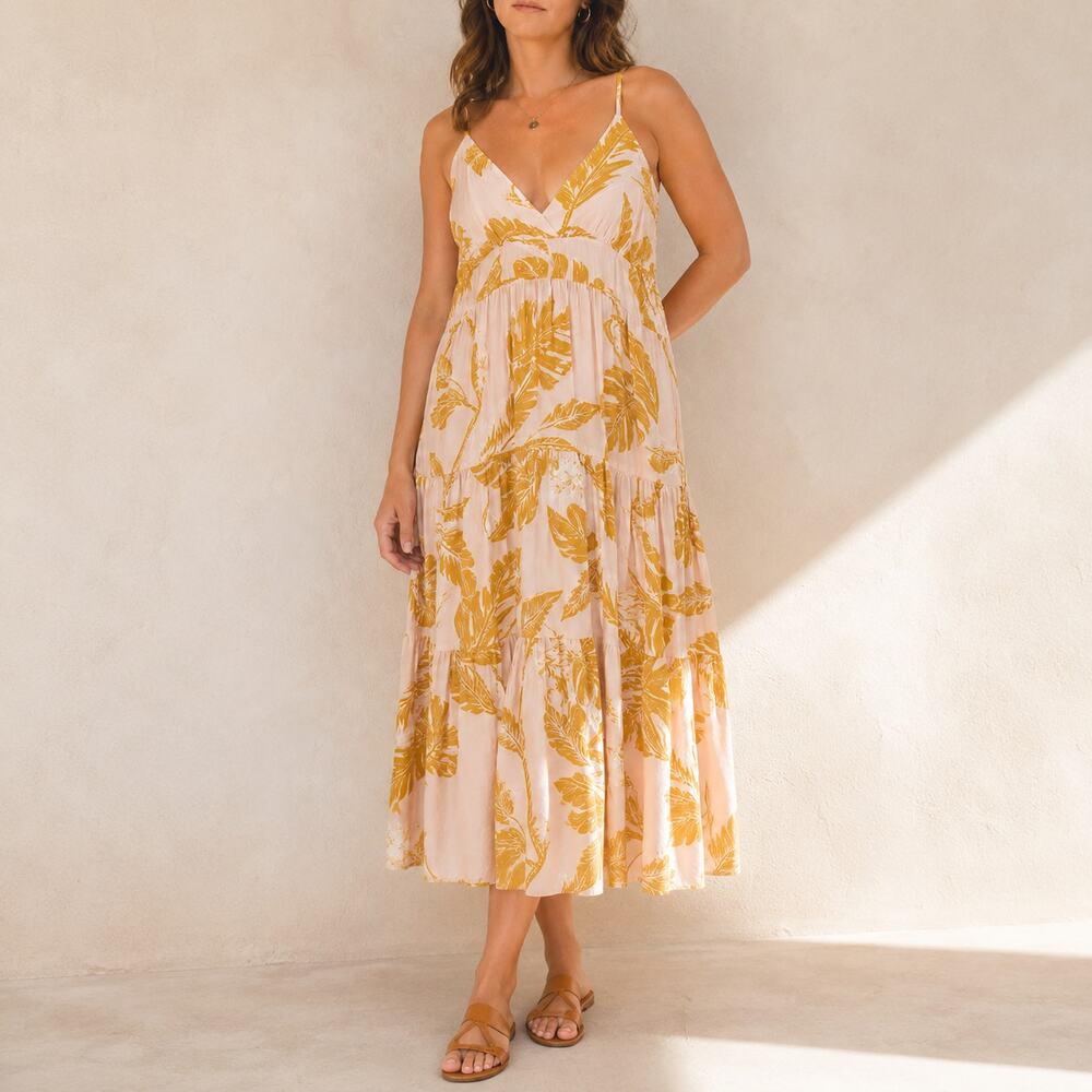Wild Fable Tropical Midi Dress L Coastal Surf Resort Palm Print Boho